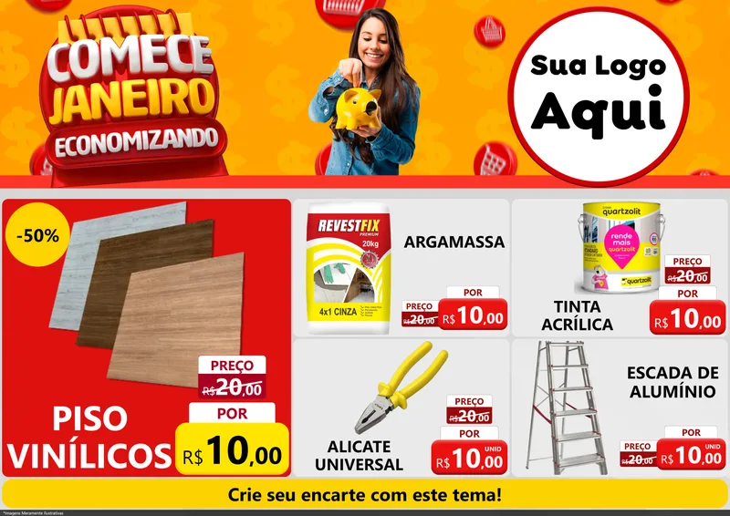 Modelo de Encarte para Encarte A4 Horizontal com o tema Comece Janeiro Economizando para Material para Construção