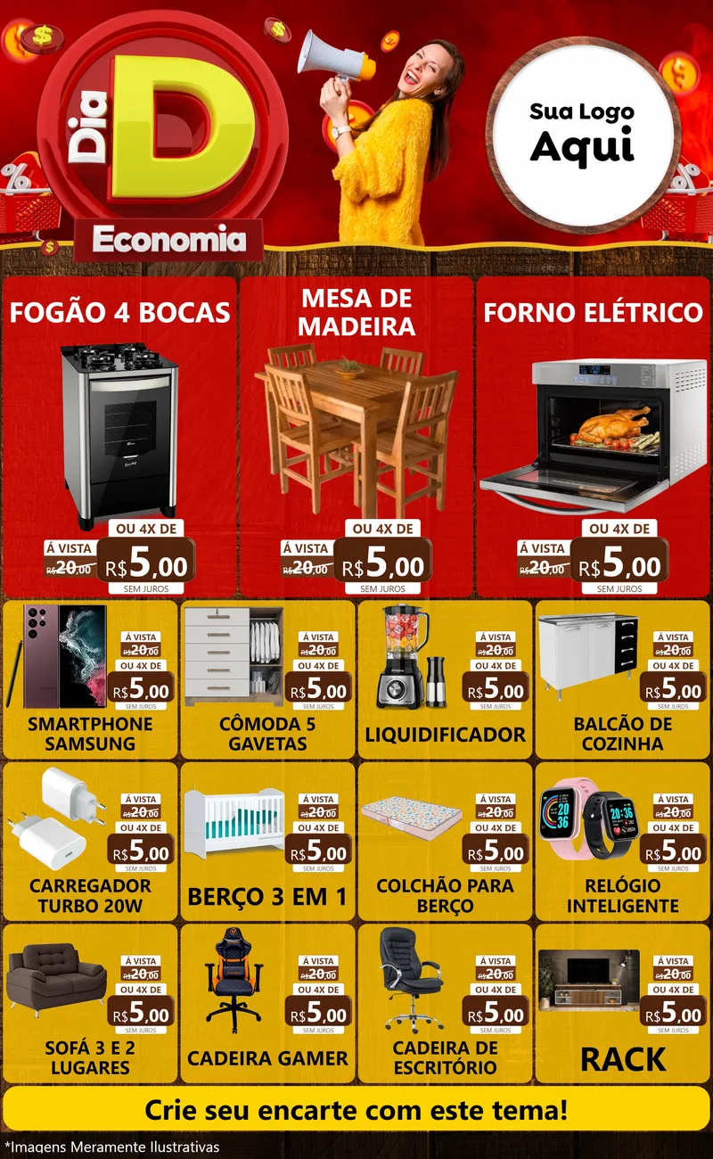 Modelo de Encarte para Encarte Grande com o tema Dia D Economia para Móveis e Eletro