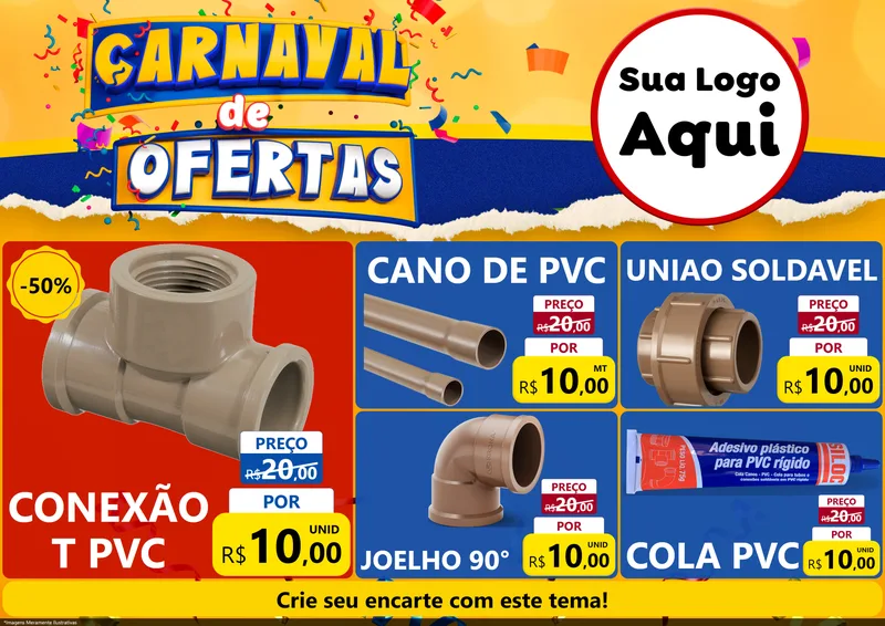 Modelo de Encarte para Encarte A4 Horizontal com o tema Carnaval de Ofertas para Tubos e conexões