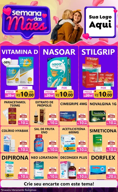 Modelo de Encarte para Encarte Grande com o tema Semana das Mães para Farmácia