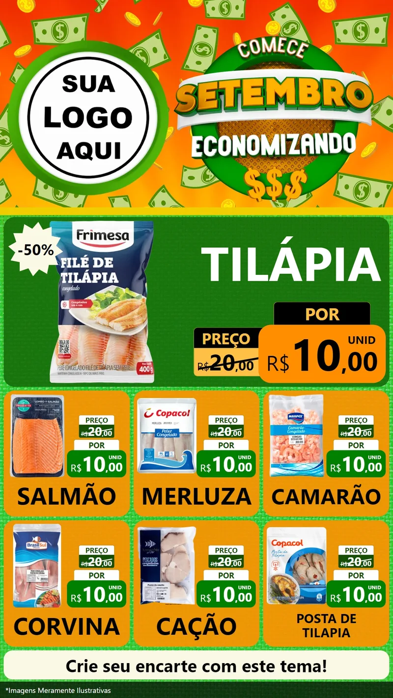 Modelo de Rede Social para Stories com o tema Comece Setembro Economizando para Peixaria