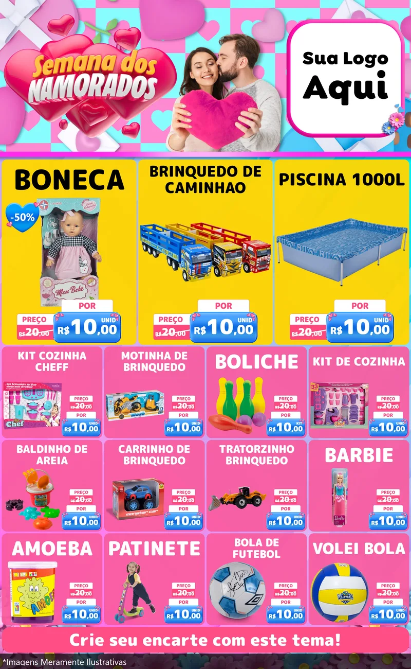 Modelo de Encarte para Encarte Grande com o tema Semana dos Namorados para Brinquedos