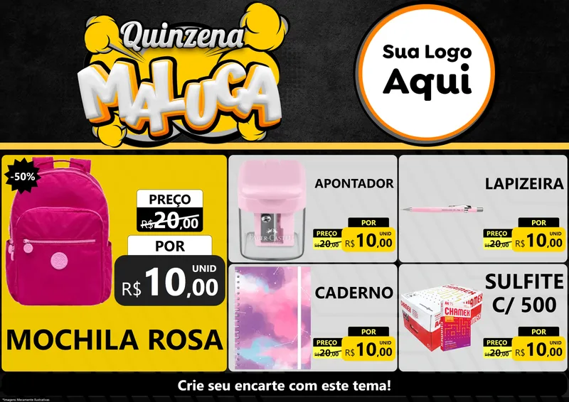 Modelo de Encarte para Encarte A4 Horizontal com o tema Quinzena Maluca para Papelaria