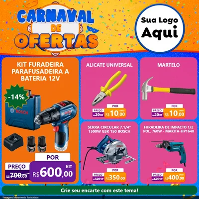 Modelo de Rede Social para Feed Facebook com o tema Carnaval de Ofertas para Maquinas e Ferramentas