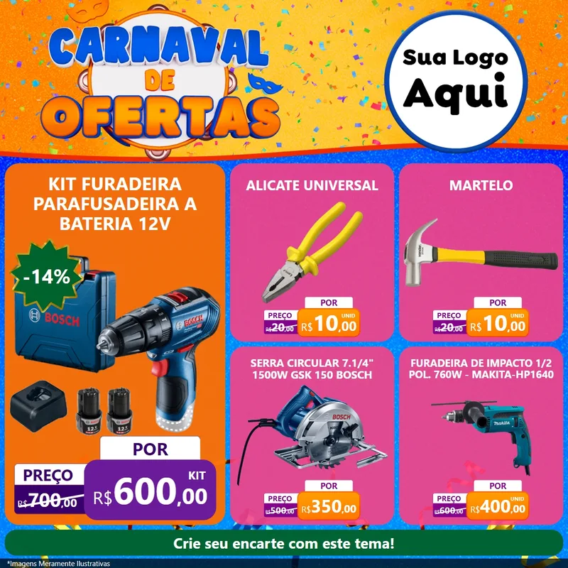 Modelo de Rede Social para Feed Facebook com o tema Carnaval de Ofertas para Maquinas e Ferramentas