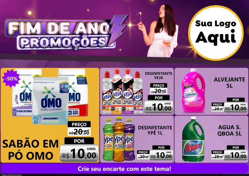 Modelo de Encarte para Encarte A4 Horizontal com o tema Fim de Ano Promoções para Produtos de Limpeza