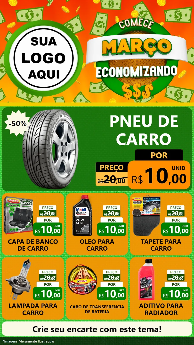 Modelo de Rede Social para Stories com o tema Comece Março Economizando para Auto peças