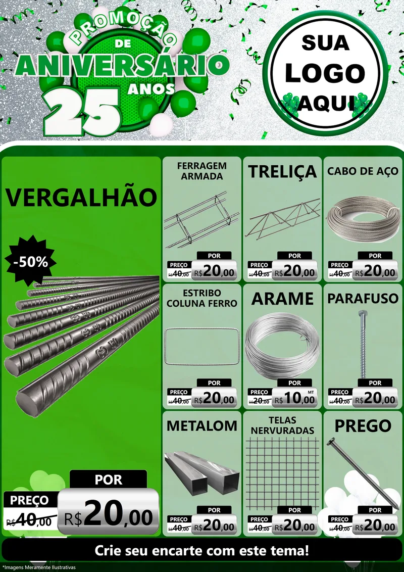 Modelo de Encarte para Encarte A4 Vertical com o tema Promoção de Aniversário - 25 Anos para Ferragens