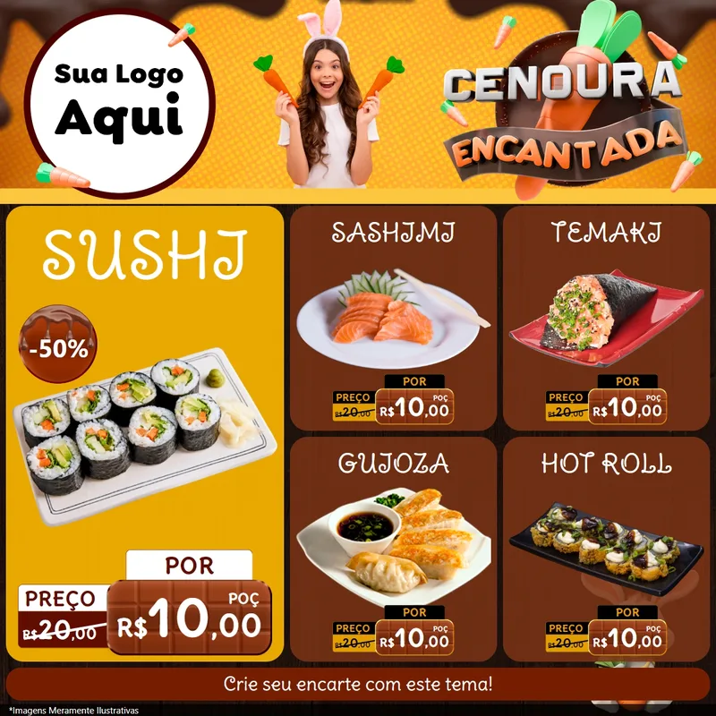 Modelo de Rede Social para Feed Facebook com o tema Cenoura Encantada - Páscoa para Comida japonesa