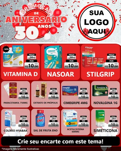 Modelo de Rede Social para Feed Instagram com o tema Promoção de Aniversário - 30 Anos para Farmácia