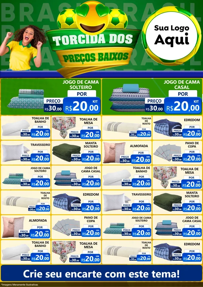Modelo de Encarte para Encarte A4 Vertical com o tema Torcida dos Preços Baixos - Copa para Cama, Mesa e Banho