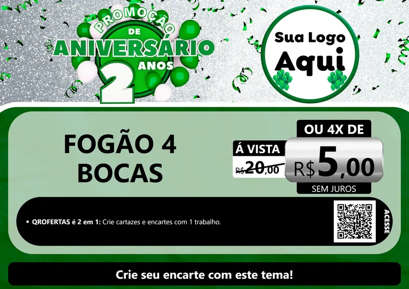 Modelo de Cartaz para Cartaz A4 Horizontal com o tema Promoção de Aniversário - 2 Anos para Móveis e Eletro
