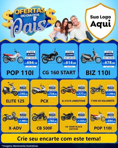 Modelo de Rede Social para Feed Instagram com o tema Ofertas do Dia dos Pais para Concessionaria de Motos