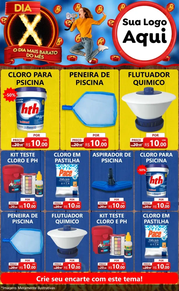 Modelo de Encarte para Encarte Grande com o tema Dia X - O Dia Mais Barato Do Mês para Produtos para Piscina