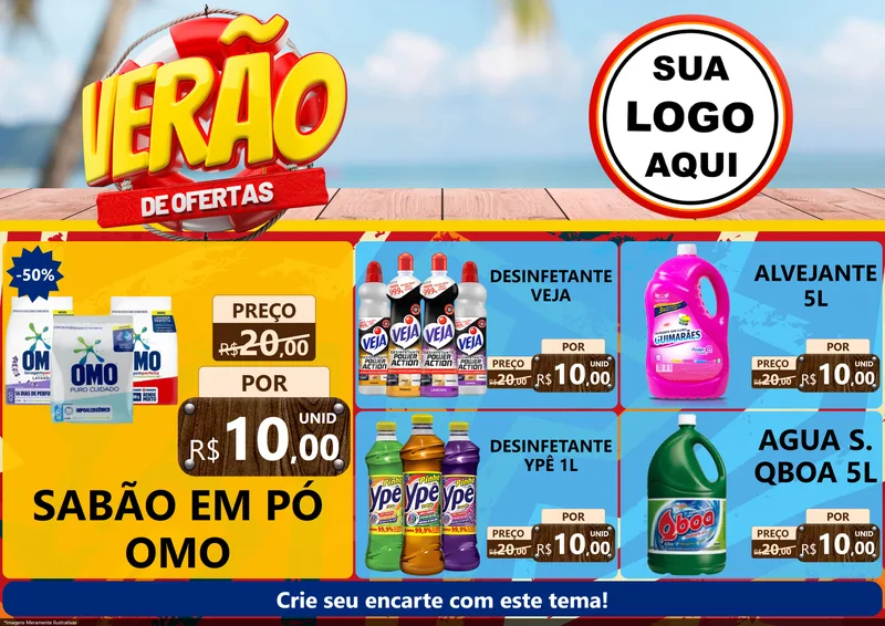 Modelo de Encarte para Encarte A4 Horizontal com o tema Verão de Ofertas para Produtos de Limpeza