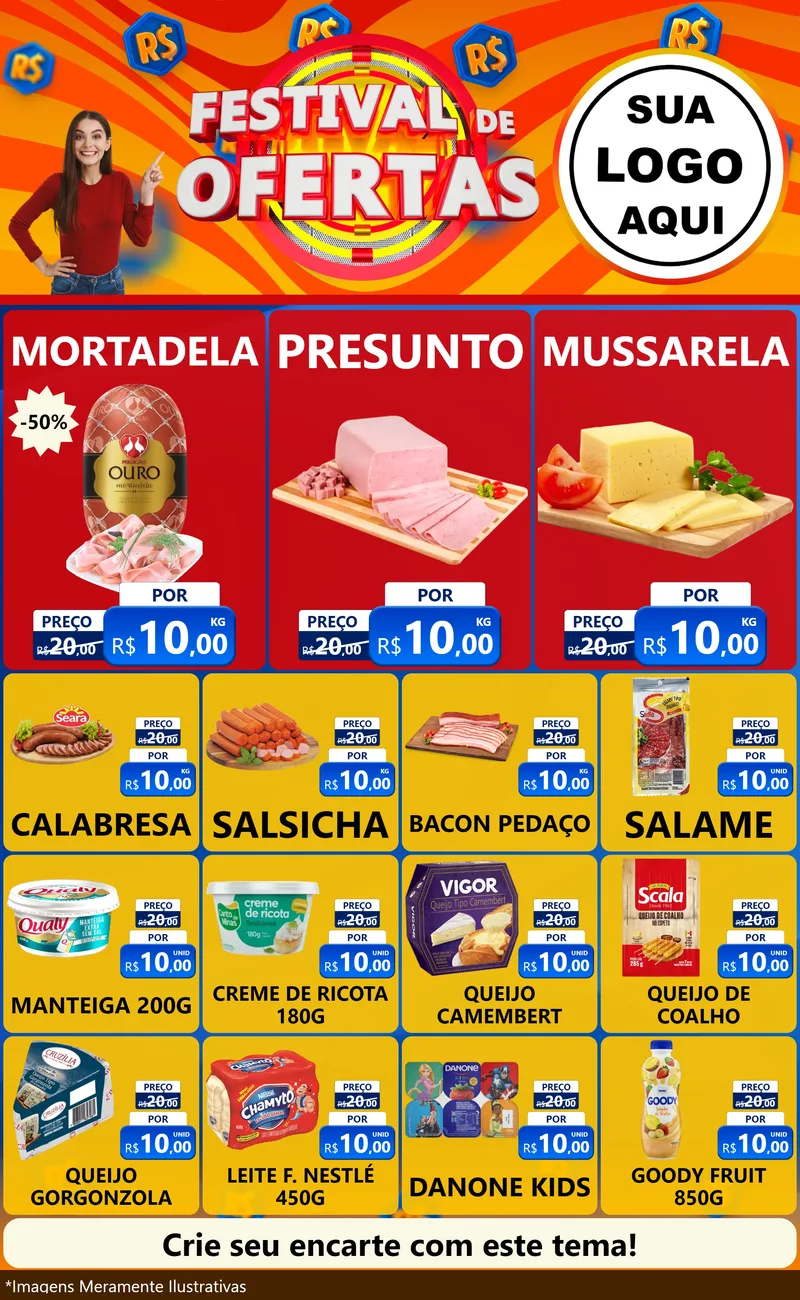 Modelo de Encarte para Encarte Grande com o tema Festival de Ofertas para Frios e Laticínios