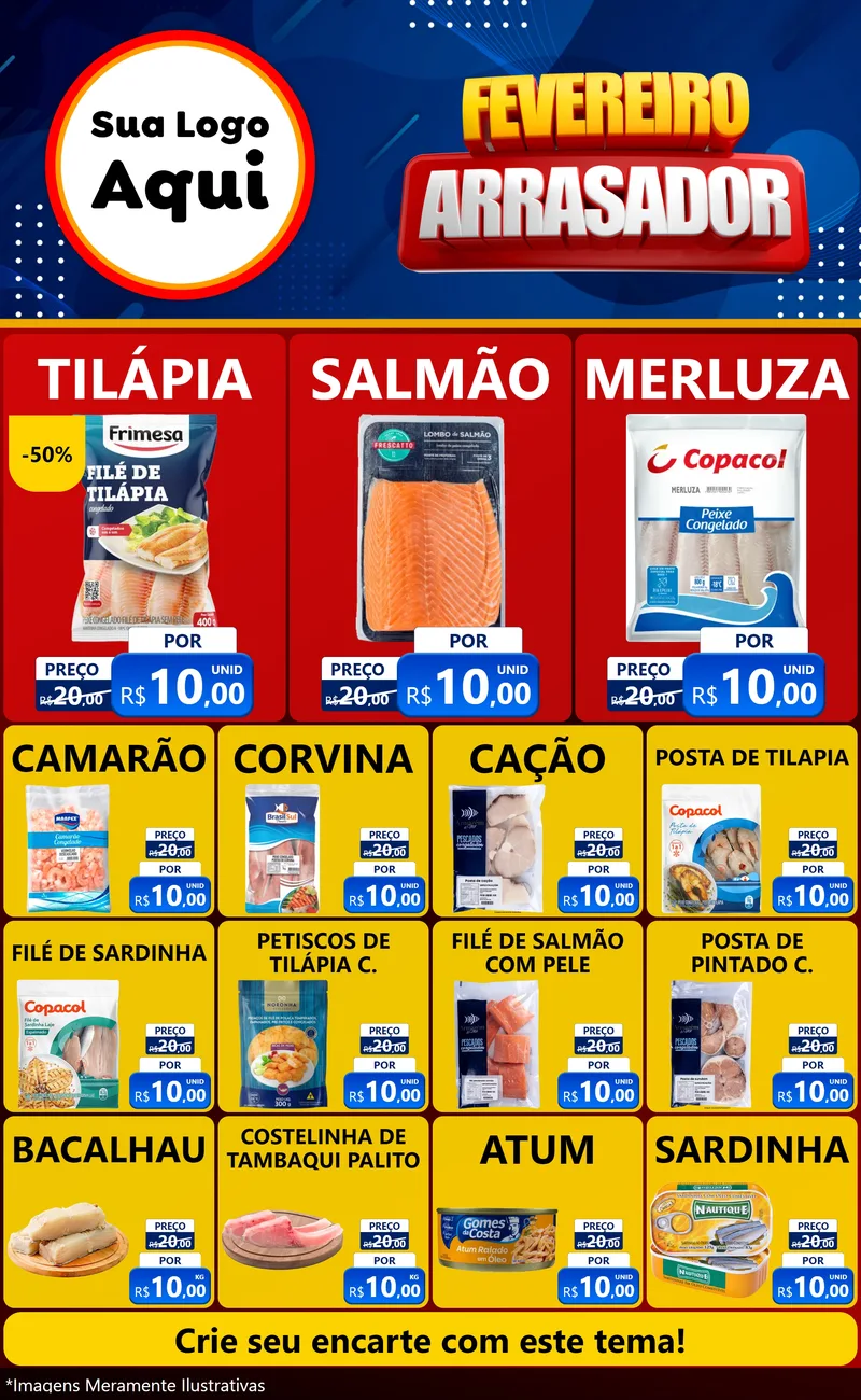Modelo de Encarte para Encarte Grande com o tema Fevereiro Arrasador para Peixaria