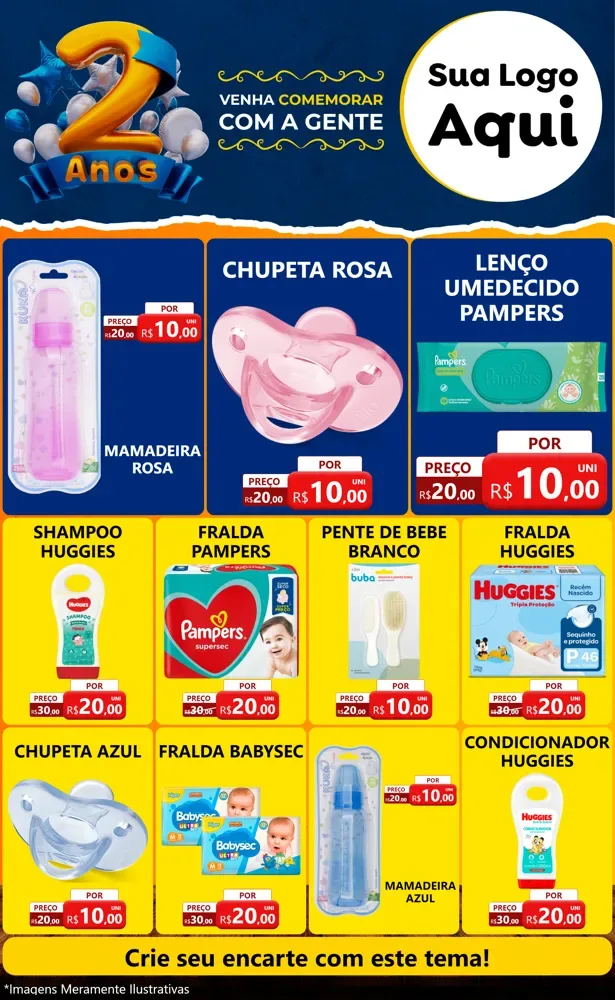 Modelo de Encarte para Encarte Grande com o tema Aniversário de 2 anos para Bebês