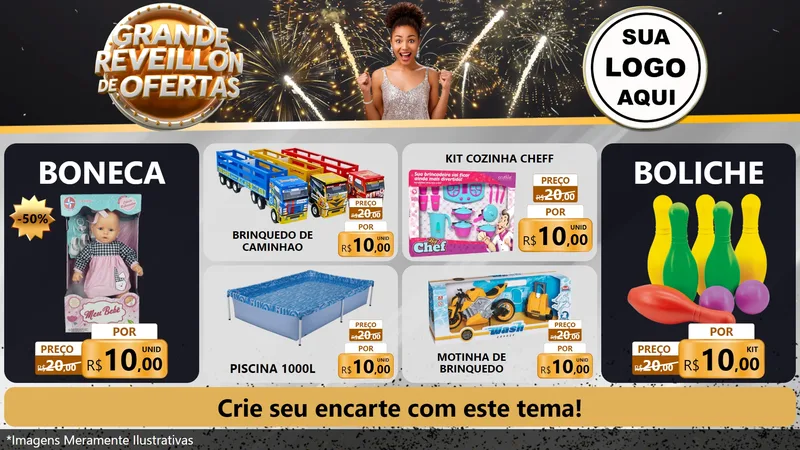 Modelo de TV para TV Horizontal com o tema Grande Réveillon de Ofertas para Brinquedos