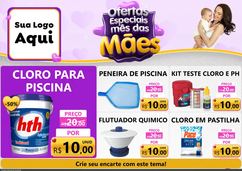 Modelo de Encarte para Encarte A4 Horizontal com o tema Ofertas Especiais - Mês das Mães para Produtos para Piscina
