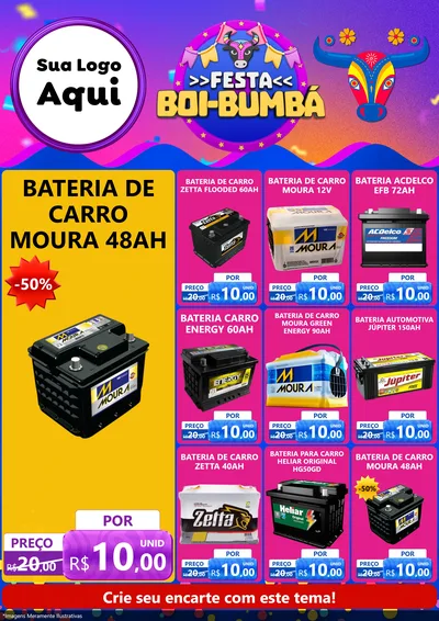 Modelo de Encarte para Encarte A4 Vertical com o tema Festa Boi-Bumbá para Baterias Elétricas