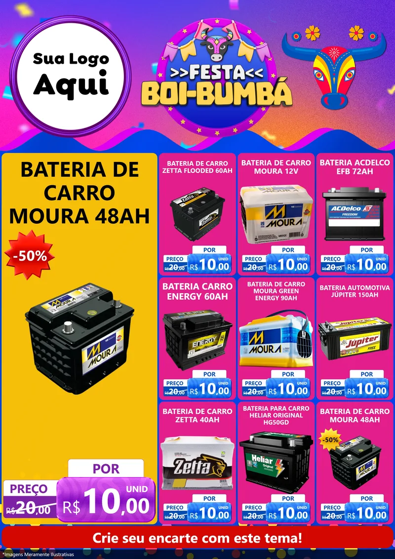 Modelo de Encarte para Encarte A4 Vertical com o tema Festa Boi-Bumbá para Baterias Elétricas