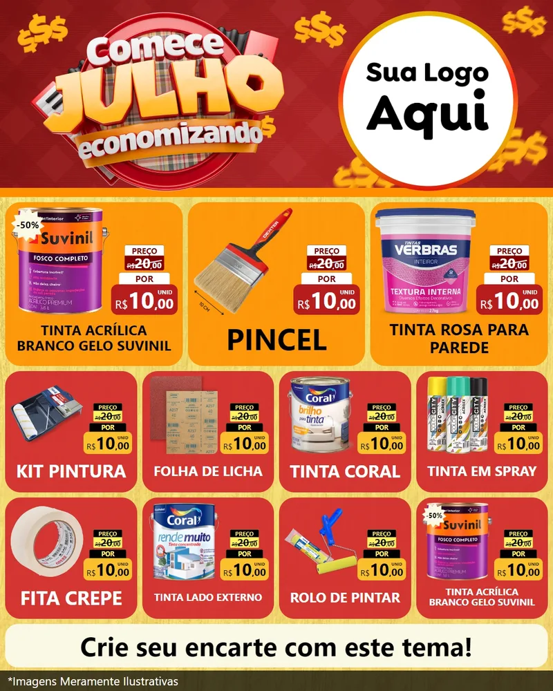 Modelo de Rede Social para Feed Instagram com o tema Comece Julho Economizando para Tintas e Ferramentas
