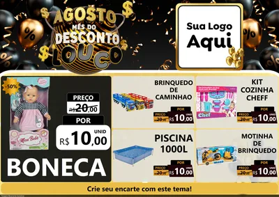 Modelo de Encarte para Encarte A4 Horizontal com o tema Agosto Mês do Desconto Louco para Brinquedos