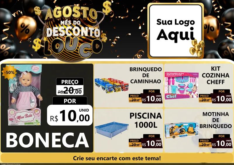 Modelo de Encarte para Encarte A4 Horizontal com o tema Agosto Mês do Desconto Louco para Brinquedos