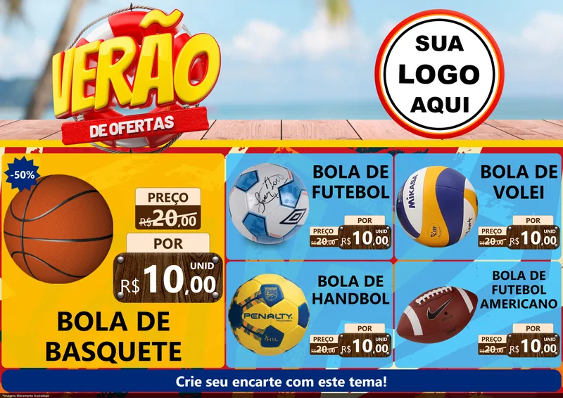 Modelo de Encarte para Encarte A4 Horizontal com o tema Verão de Ofertas para Artigos Esportivos