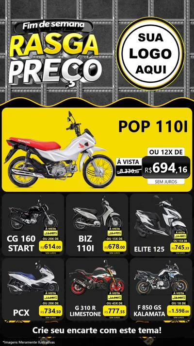 Modelo de Rede Social para Stories com o tema Fim de Semana Rasga Preço para Concessionaria de Motos