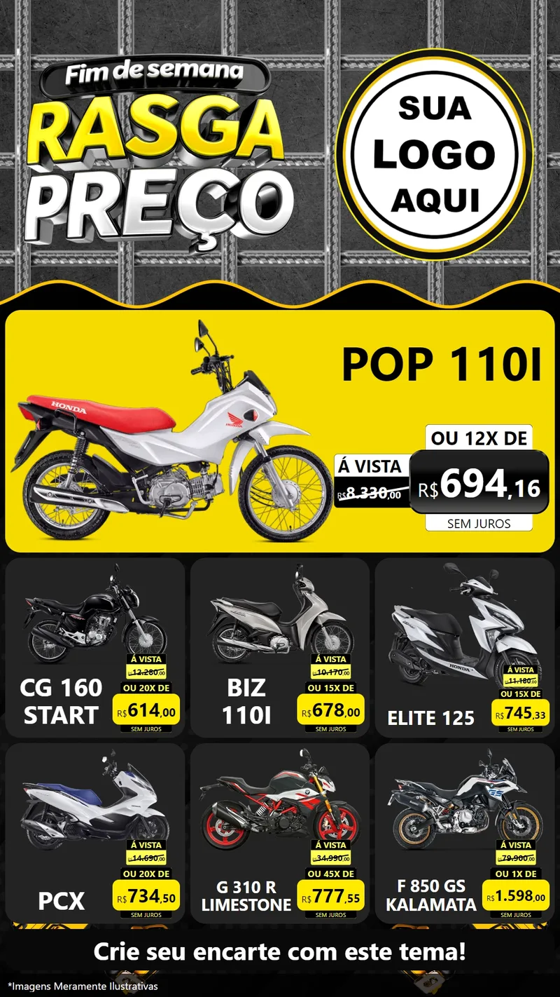 Modelo de Rede Social para Stories com o tema Fim de Semana Rasga Preço para Concessionaria de Motos