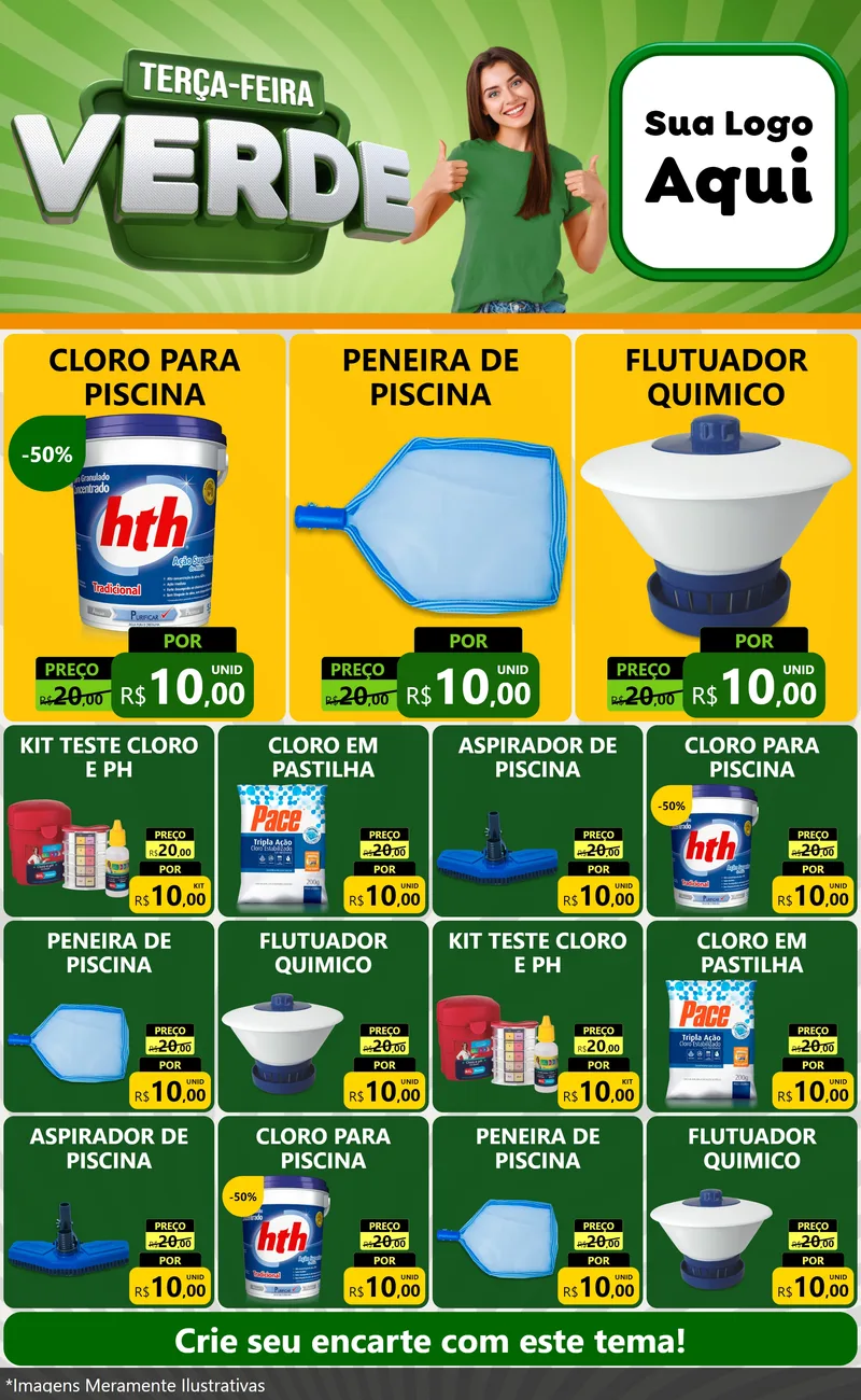 Modelo de Encarte para Encarte Grande com o tema Terça - Feira Verde para Produtos para Piscina
