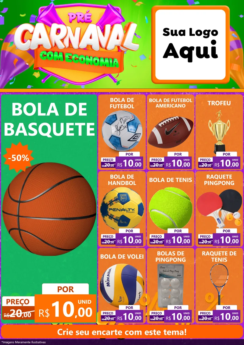 Modelo de Encarte para Encarte A4 Vertical com o tema Pré-Carnaval Com Economia para Artigos Esportivos