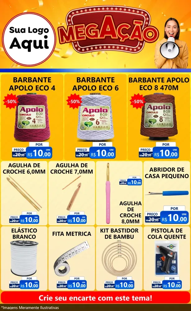 Modelo de Encarte para Encarte Grande com o tema Mega Ação para Armarinho e Aviamentos