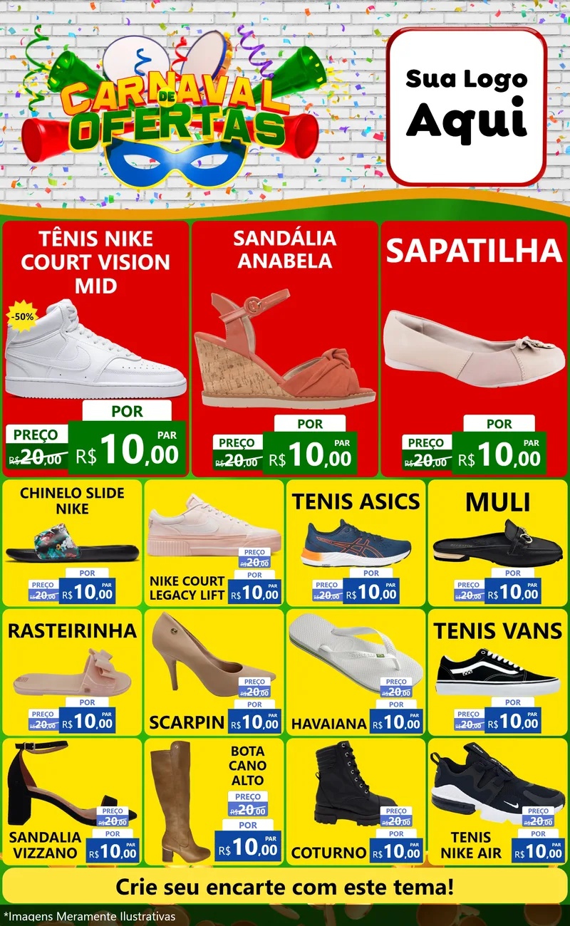 Modelo de Encarte para Encarte Grande com o tema Carnaval de Ofertas para Calçados