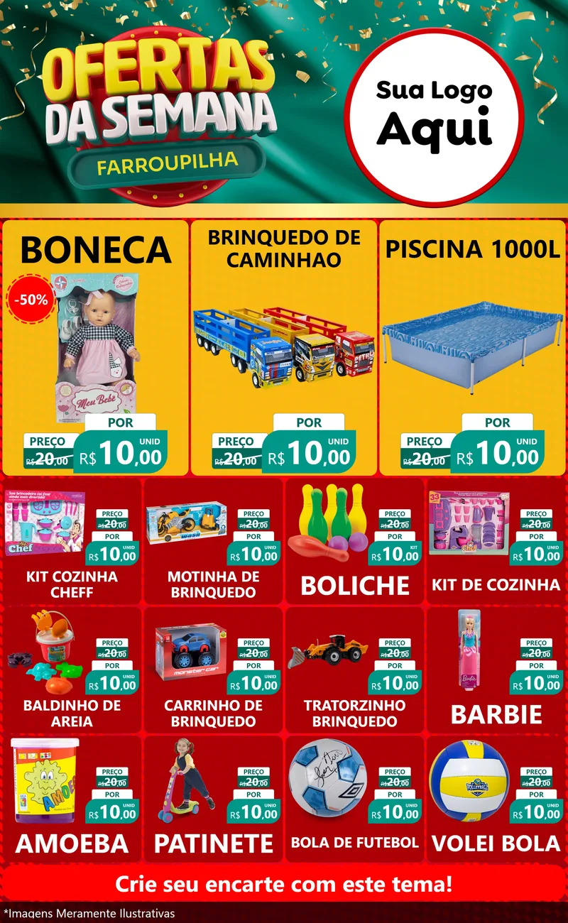 Modelo de Encarte para Encarte Grande com o tema Ofertas da Semana Farroupilha para Brinquedos