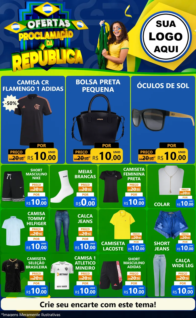 Modelo de Encarte para Encarte Grande com o tema Ofertas Proclamação da República para Roupas e acessórios