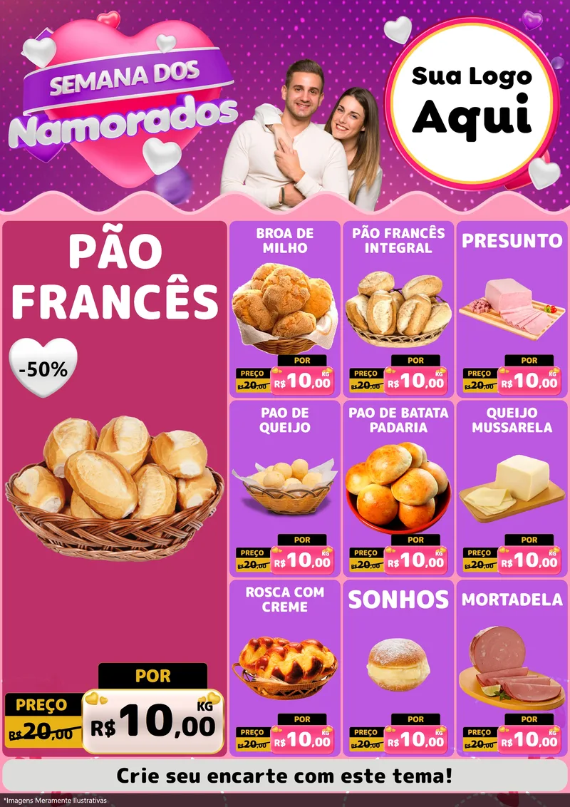 Modelo de Encarte para Encarte A4 Vertical com o tema Semana dos Namorados para Padaria