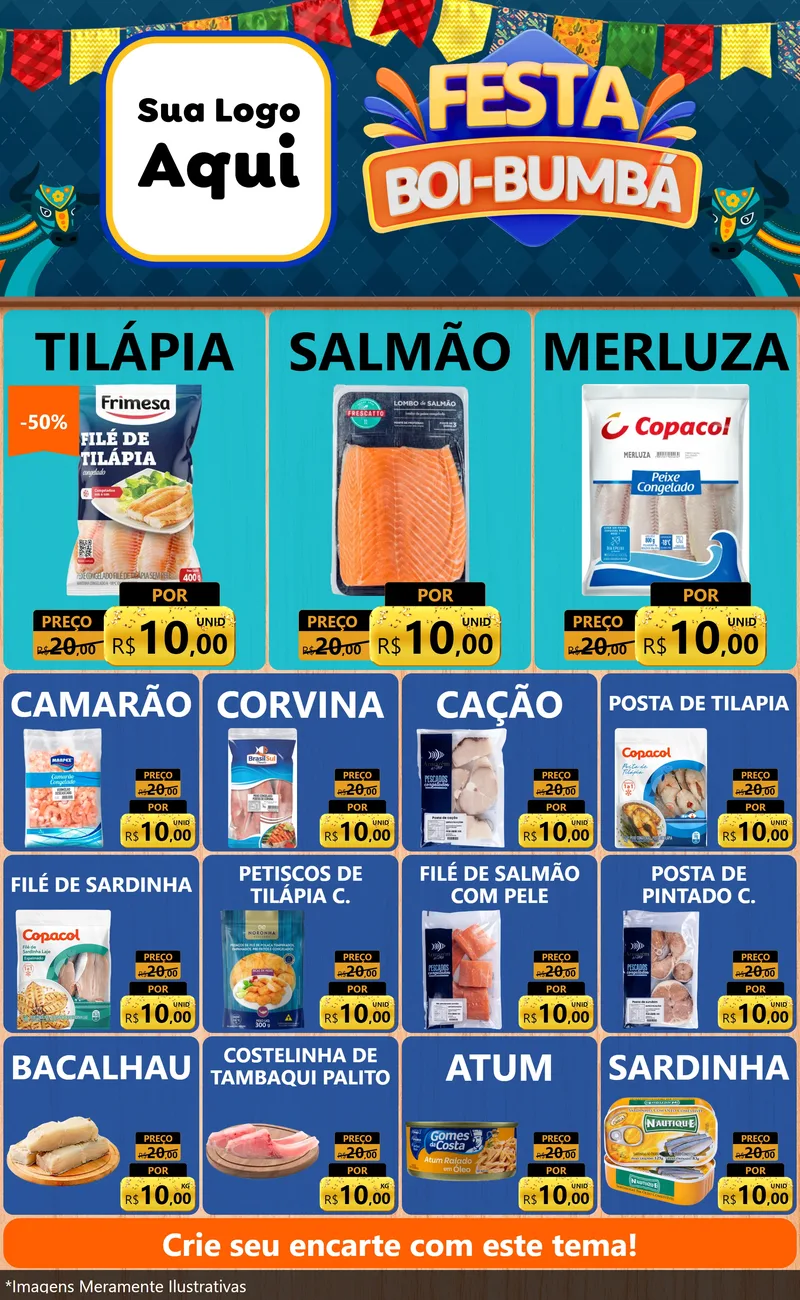 Modelo de Encarte para Encarte Grande com o tema Festa Boi Bumbá para Peixaria
