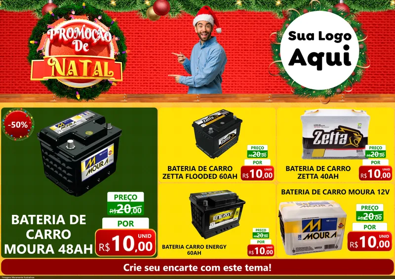 Modelo de Encarte para Encarte A4 Horizontal com o tema Promoção de Natal para Baterias Elétricas