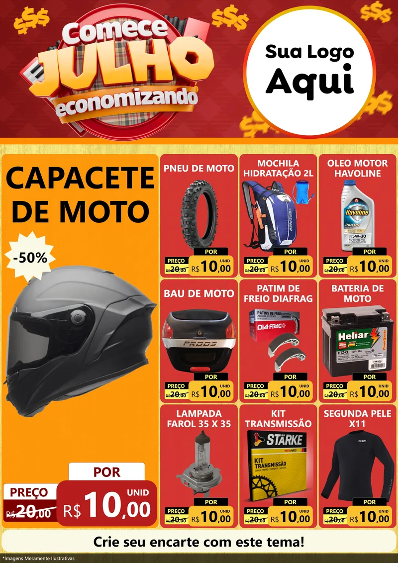 Modelo de Encarte para Encarte A4 Vertical com o tema Comece Julho Economizando para Moto peças