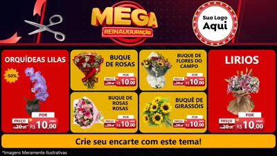 Modelo de TV para TV Horizontal com o tema Mega Reinauguração para Floricultura e jardim