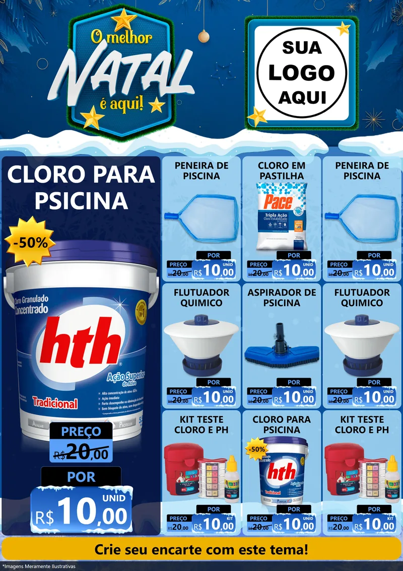 Modelo de Encarte para Encarte A4 Vertical com o tema O Melhor Natal É Aqui! para Produtos para Piscina