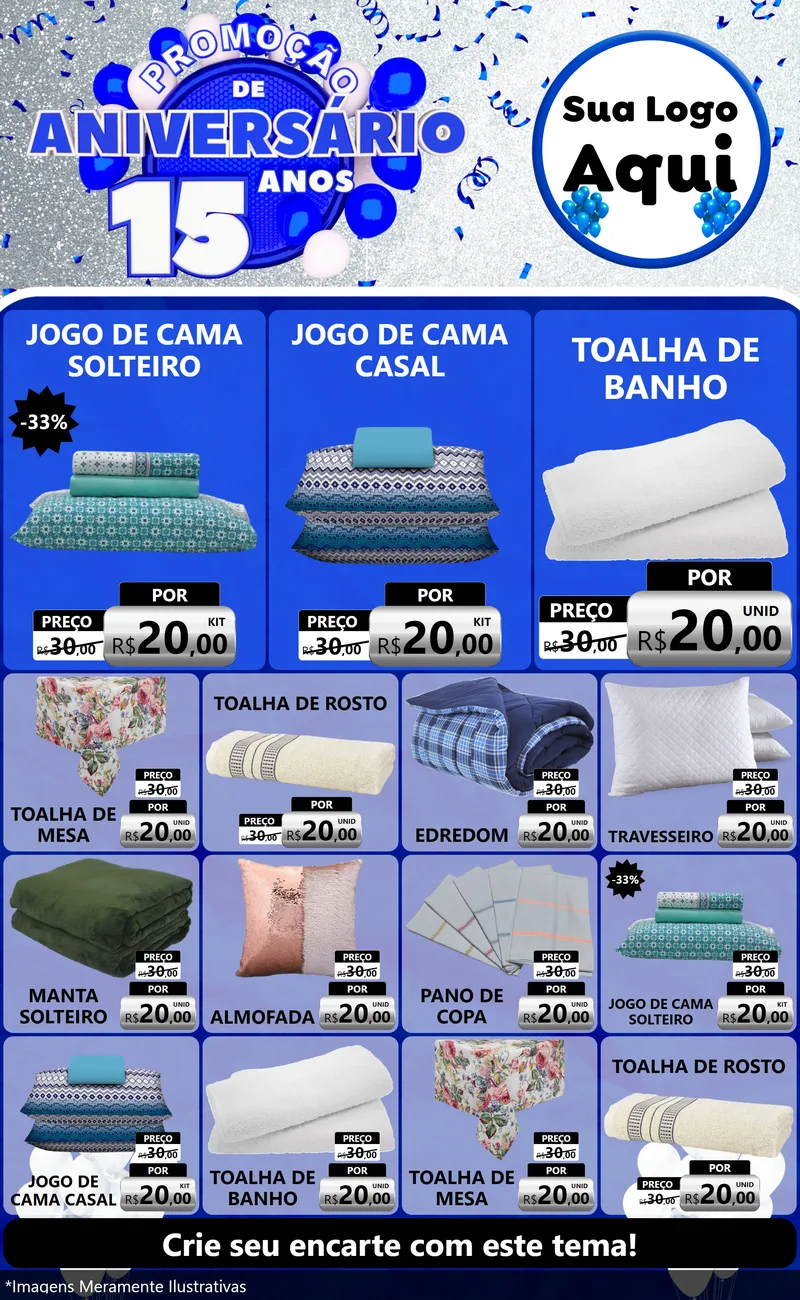 Modelo de Encarte para Encarte Grande com o tema Promoção de Aniversário - 15 Anos para Cama, Mesa e Banho