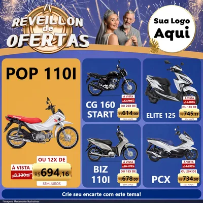Modelo de Rede Social para Feed Facebook com o tema Réveillon de Ofertas para Concessionaria de Motos