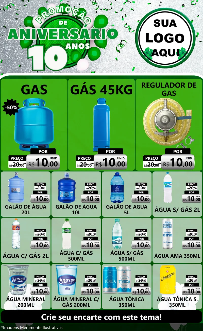 Modelo de Encarte para Encarte Grande com o tema Promoção de Aniversário - 10 Anos para Água e gás