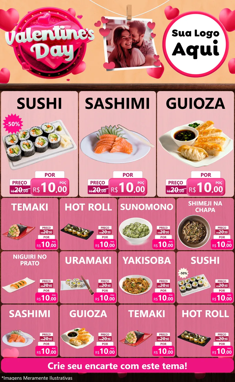 Modelo de Encarte para Encarte Grande com o tema Valentine's Day para Comida japonesa