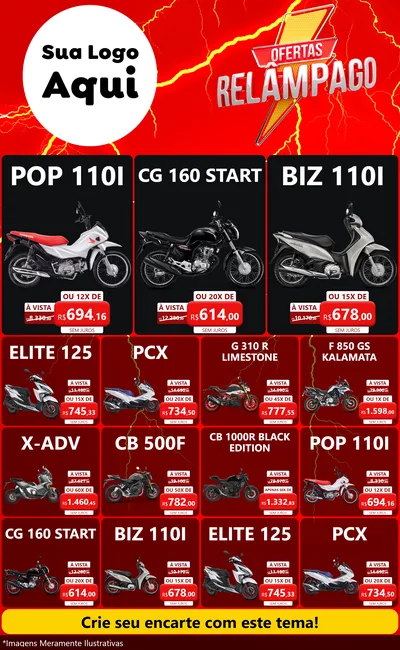 Modelo de Encarte para Encarte Grande com o tema Ofertas Relâmpago para Concessionaria de Motos