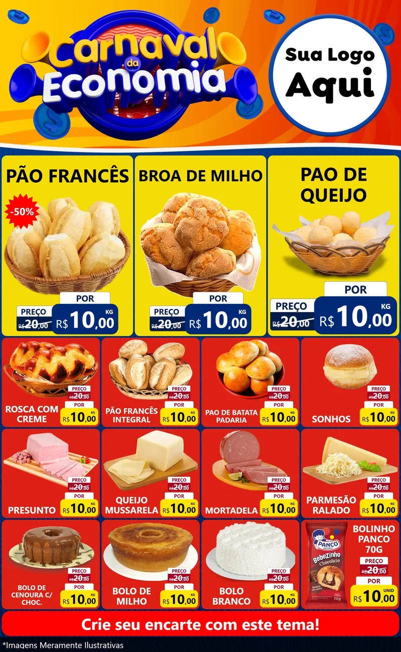 Modelo de Encarte para Encarte Grande com o tema Carnaval da Economia para Padaria